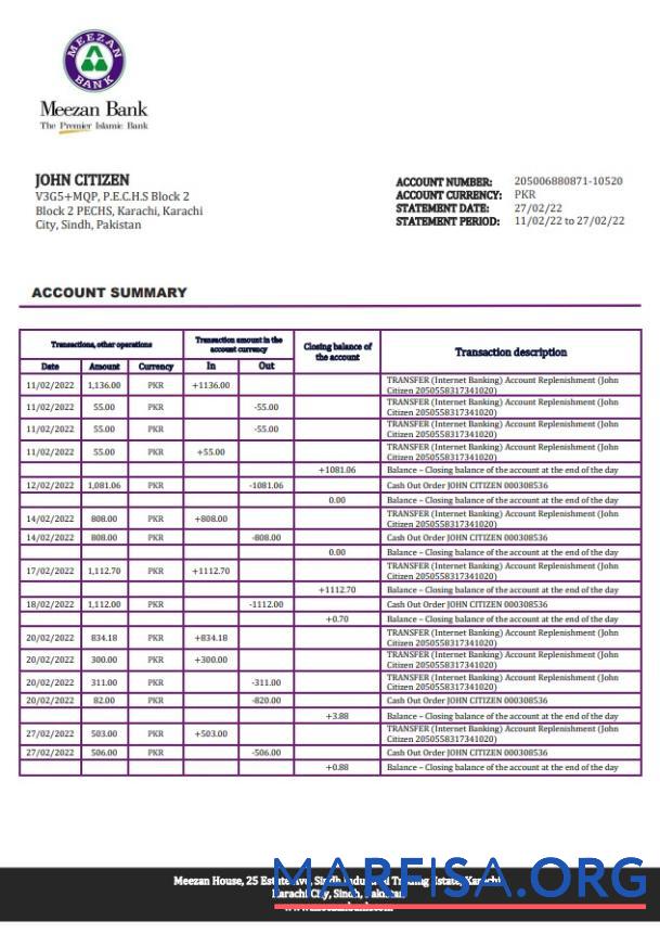 Downloadable Pakistan Meezan bank statement word download for verification